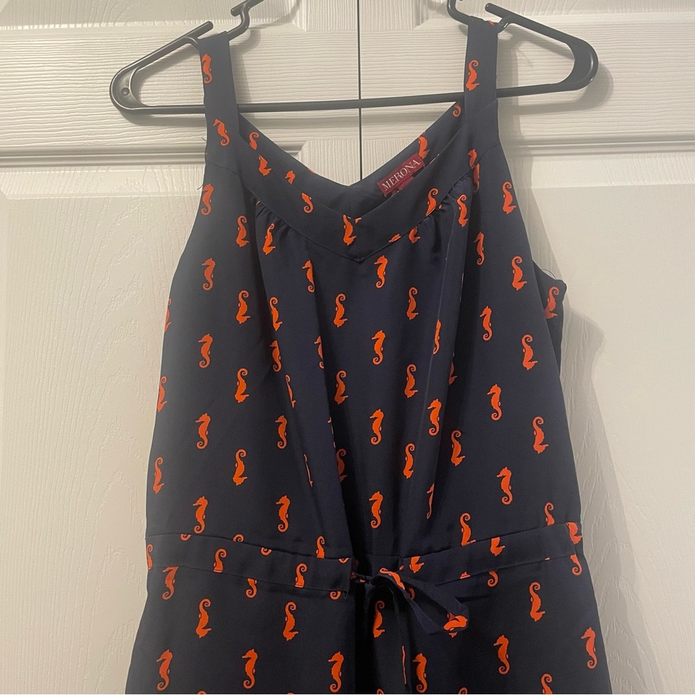 Women’s small summer sundress. Navy with red seahorses